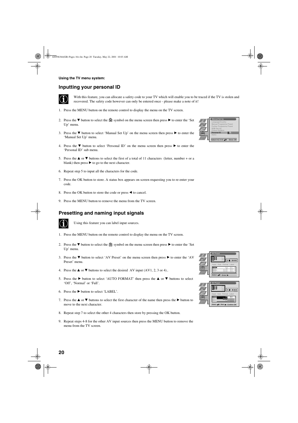 Inputting your personal id, Presetting and naming input signals | Sony FD Trinitron KV-32FQ75 U User Manual | Page 24 / 30