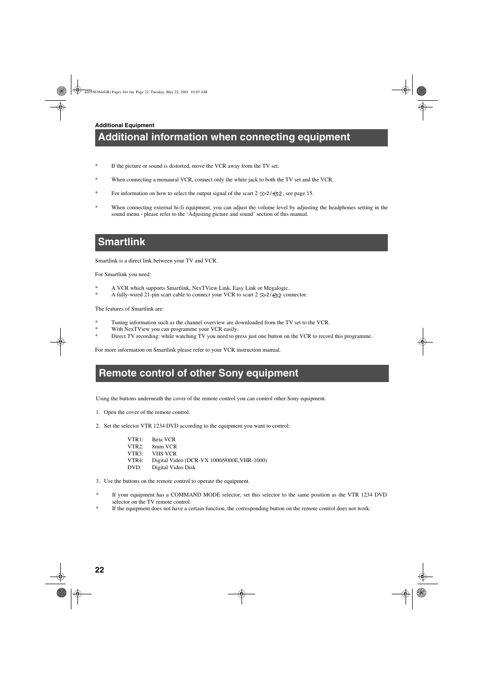 Additional information when connecting equipment, Smartlink, Remote control of other sony equipment | Sony FD Trinitron KV-32FQ75 U User Manual | Page 26 / 30