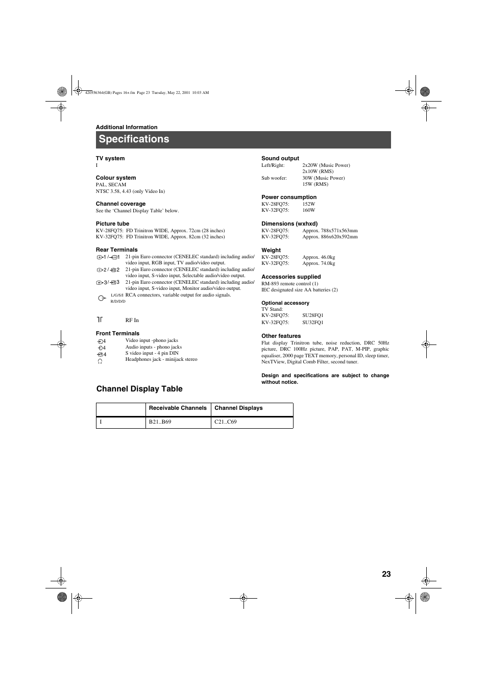 Specifications, Channel display table | Sony FD Trinitron KV-32FQ75 U User Manual | Page 27 / 30