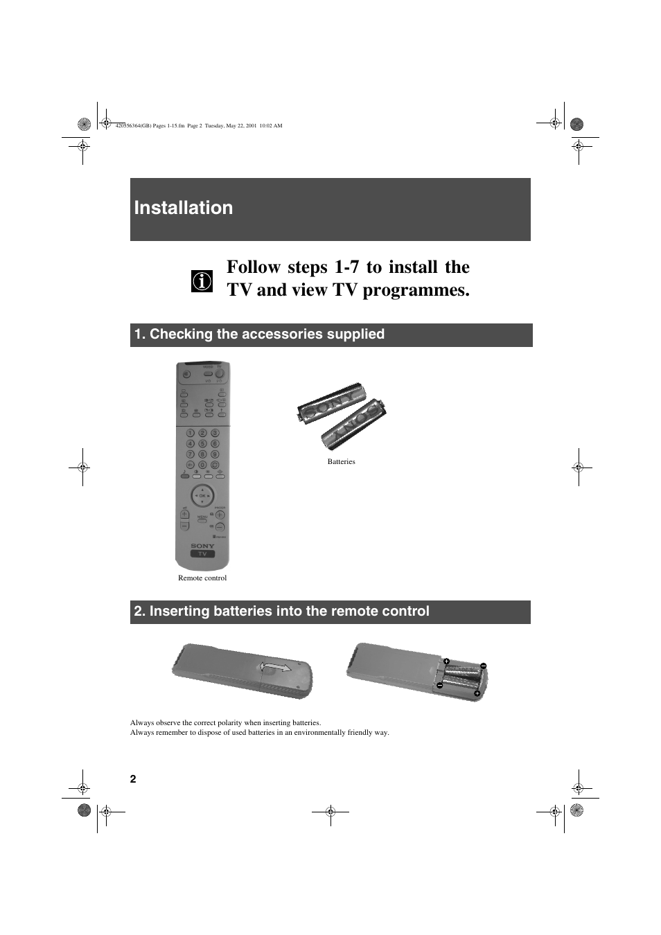 Installation | Sony FD Trinitron KV-32FQ75 U User Manual | Page 6 / 30