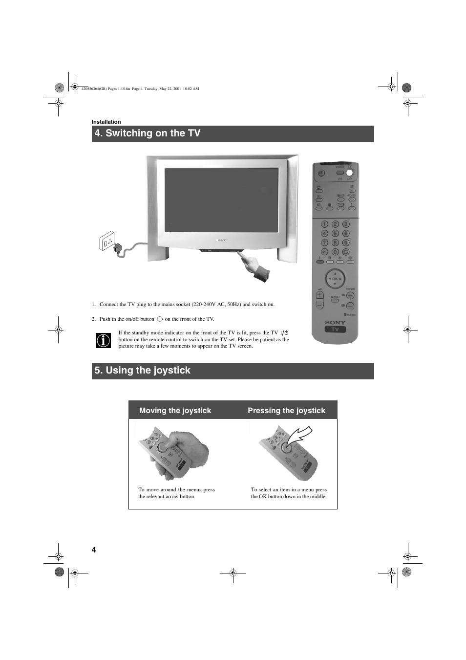 Switching on the tv 5. using the joystick | Sony FD Trinitron KV-32FQ75 U User Manual | Page 8 / 30
