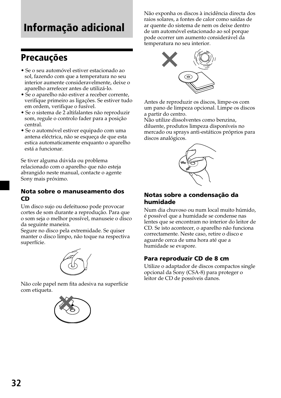 Informação adicional, Precauções | Sony CDX-C7850R User Manual | Page 104 / 144