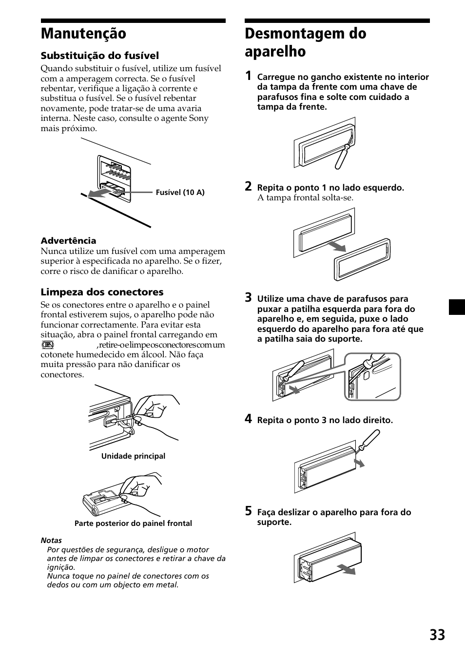 Manutenção, Desmontagem do aparelho, Manutenção desmontagem do aparelho | 33 desmontagem do aparelho | Sony CDX-C7850R User Manual | Page 105 / 144