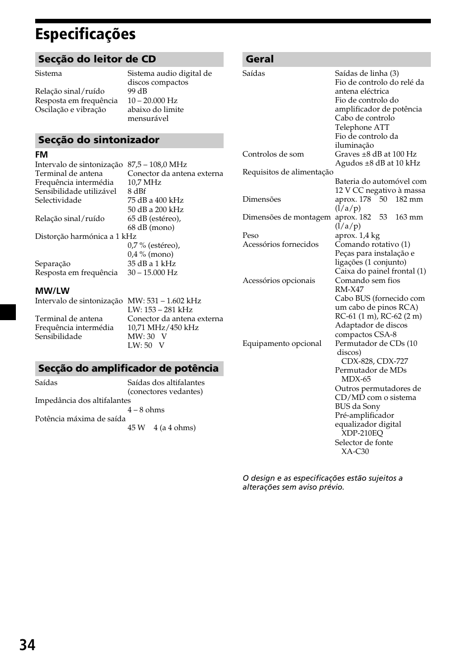 Especificações, 34 especificações, Secção do leitor de cd | Secção do sintonizador, Secção do amplificador de potência, Geral | Sony CDX-C7850R User Manual | Page 106 / 144