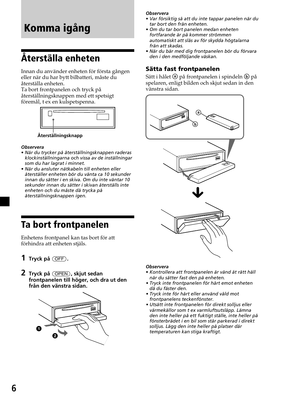 Komma igång, Återställa enheten, Ta bort frontpanelen | Återställa enheten ta bort frontpanelen | Sony CDX-C7850R User Manual | Page 114 / 144