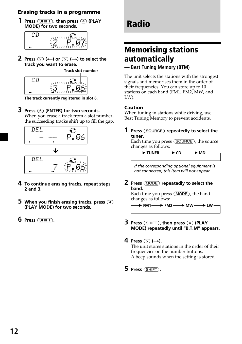 Radio, Memorising stations automatically, Best tuning memory (btm) | Sony CDX-C7850R User Manual | Page 12 / 144