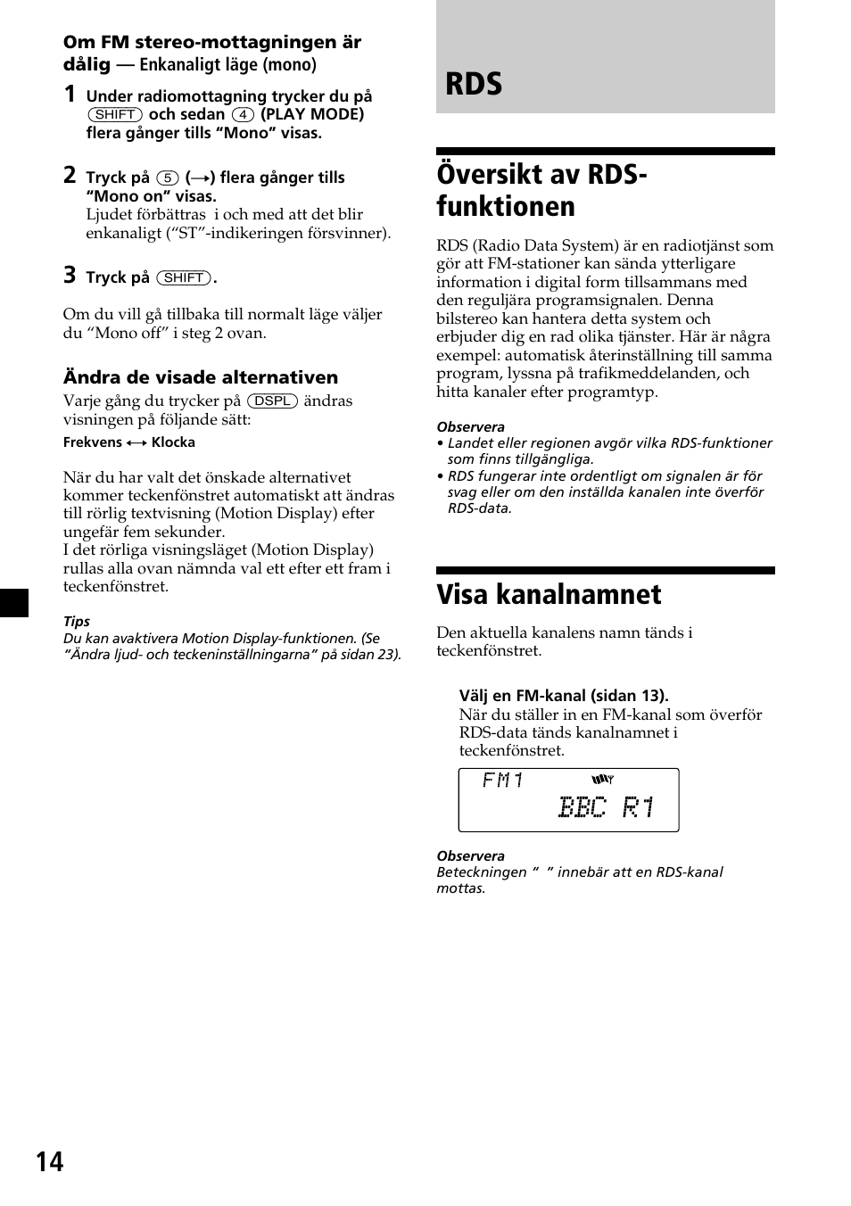 Översikt av rds-funktionen, Visa kanalnamnet, Översikt av rds-funktionen visa kanalnamnet | Översikt av rds- funktionen | Sony CDX-C7850R User Manual | Page 122 / 144