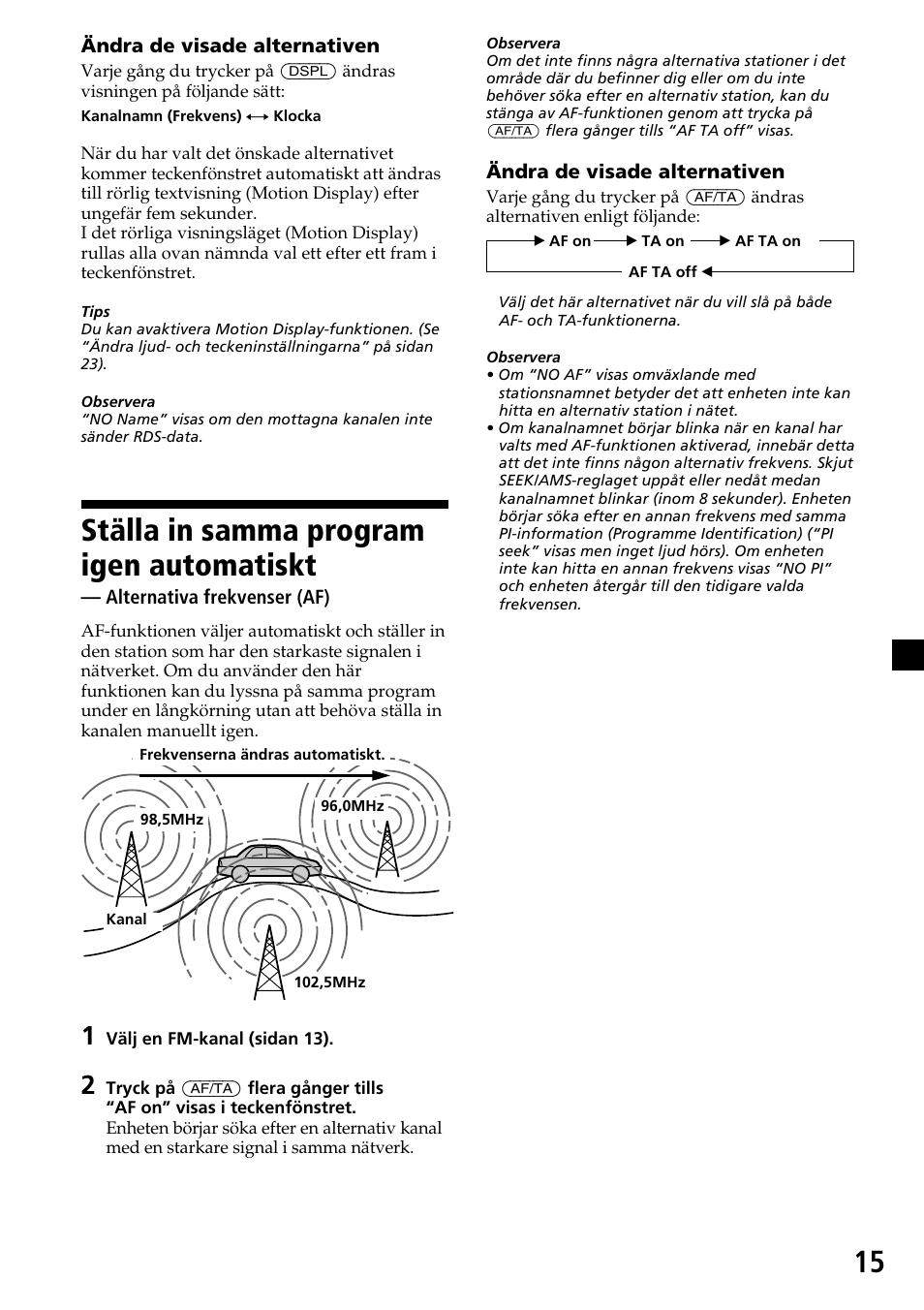 Ställa in samma program igen automatiskt, Alternativa frekvenser (af) | Sony CDX-C7850R User Manual | Page 123 / 144