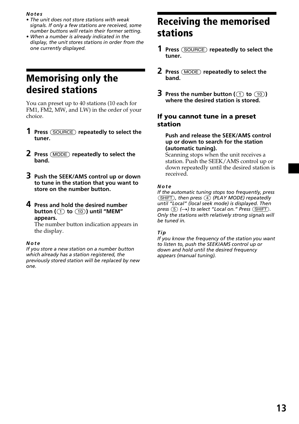 Memorising only the desired stations, Receiving the memorised stations | Sony CDX-C7850R User Manual | Page 13 / 144