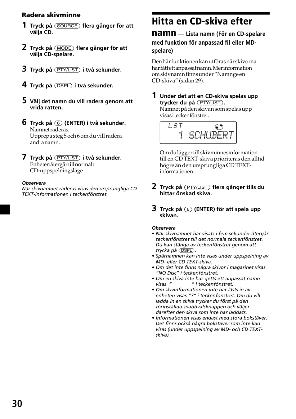 Hitta en cd-skiva efter namn — lista namn, Hitta en cd-skiva efter namn, Lista namn | 30 hitta en cd-skiva efter namn | Sony CDX-C7850R User Manual | Page 138 / 144