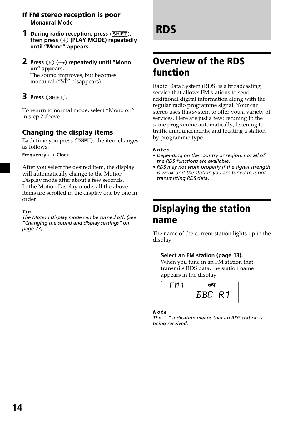 Overview of the rds function, Displaying the station name | Sony CDX-C7850R User Manual | Page 14 / 144