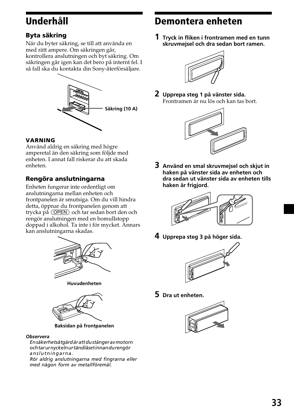 Underhåll, Demontera enheten, Underhåll demontera enheten | 33 underhåll | Sony CDX-C7850R User Manual | Page 141 / 144
