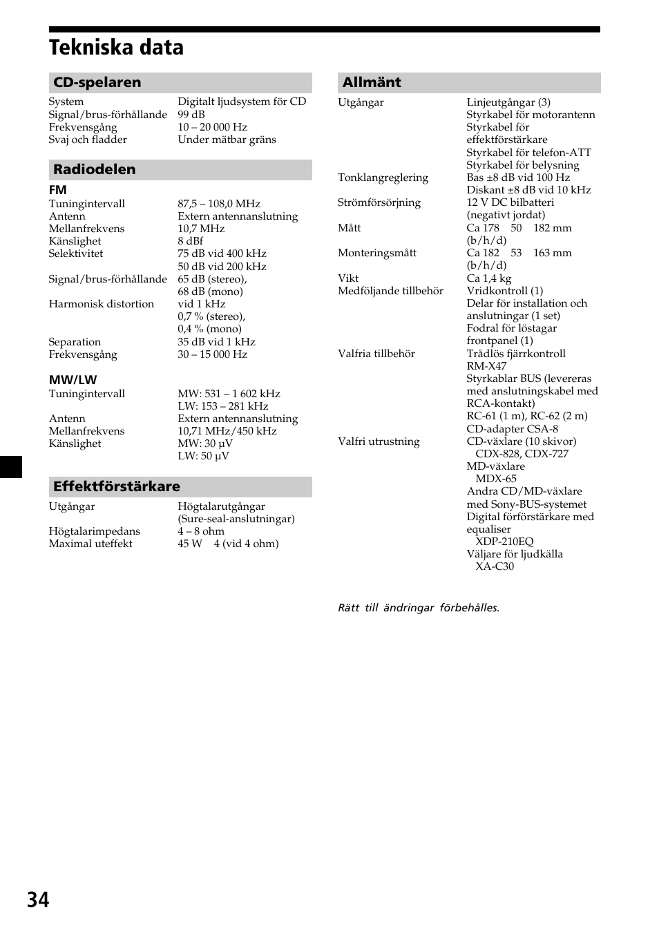 Tekniska data, 34 tekniska data, Allmänt | Cd-spelaren, Radiodelen, Effektförstärkare | Sony CDX-C7850R User Manual | Page 142 / 144