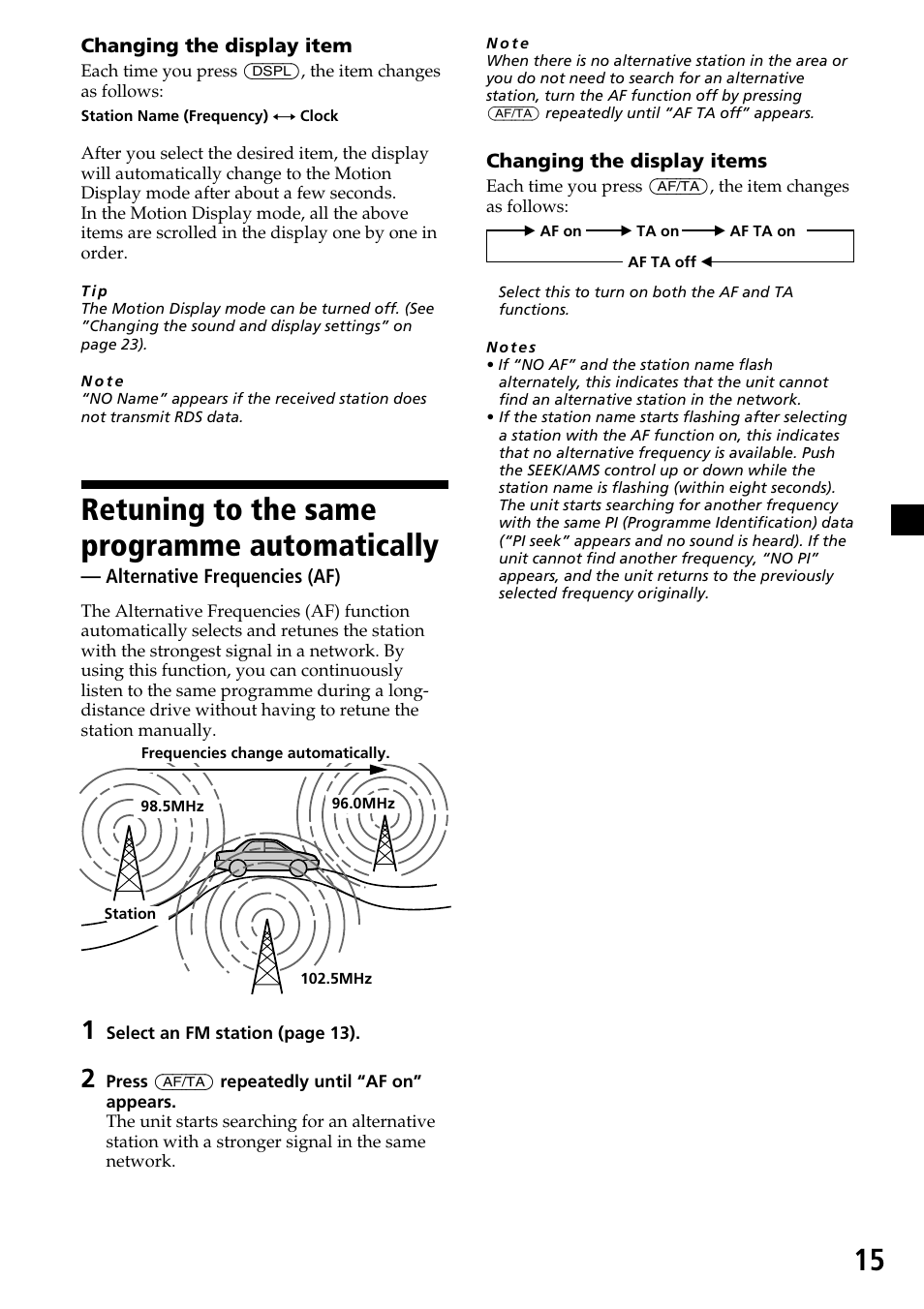 Retuning to the same programme, Automatically — alternative frequencies (af), Retuning to the same programme automatically | Sony CDX-C7850R User Manual | Page 15 / 144