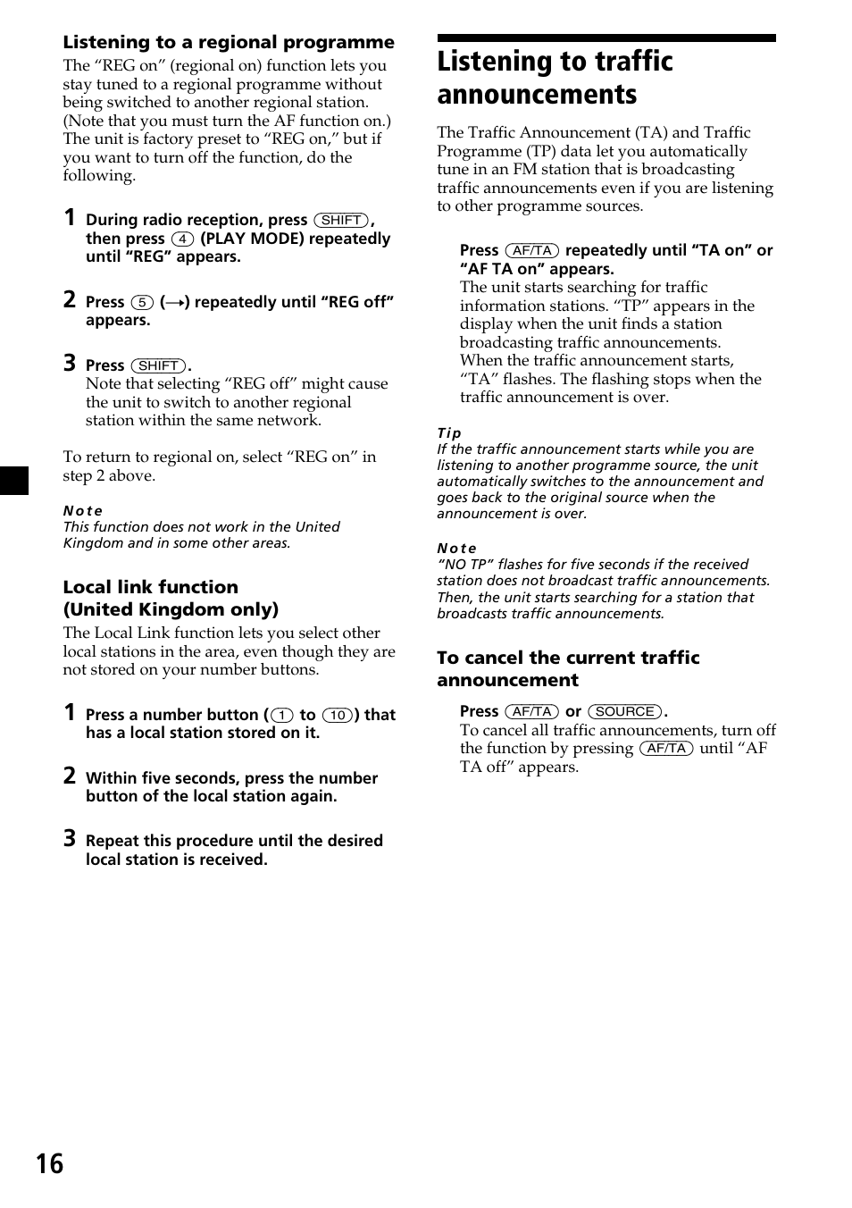 Listening to traffic announcements | Sony CDX-C7850R User Manual | Page 16 / 144