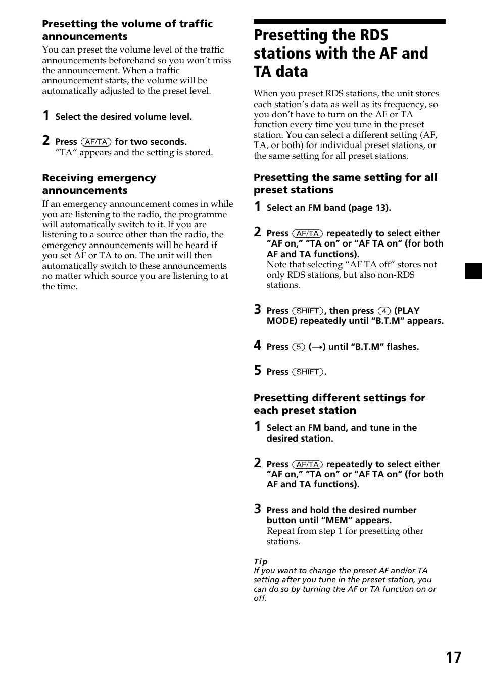 Presetting the rds stations with the af, And ta data | Sony CDX-C7850R User Manual | Page 17 / 144