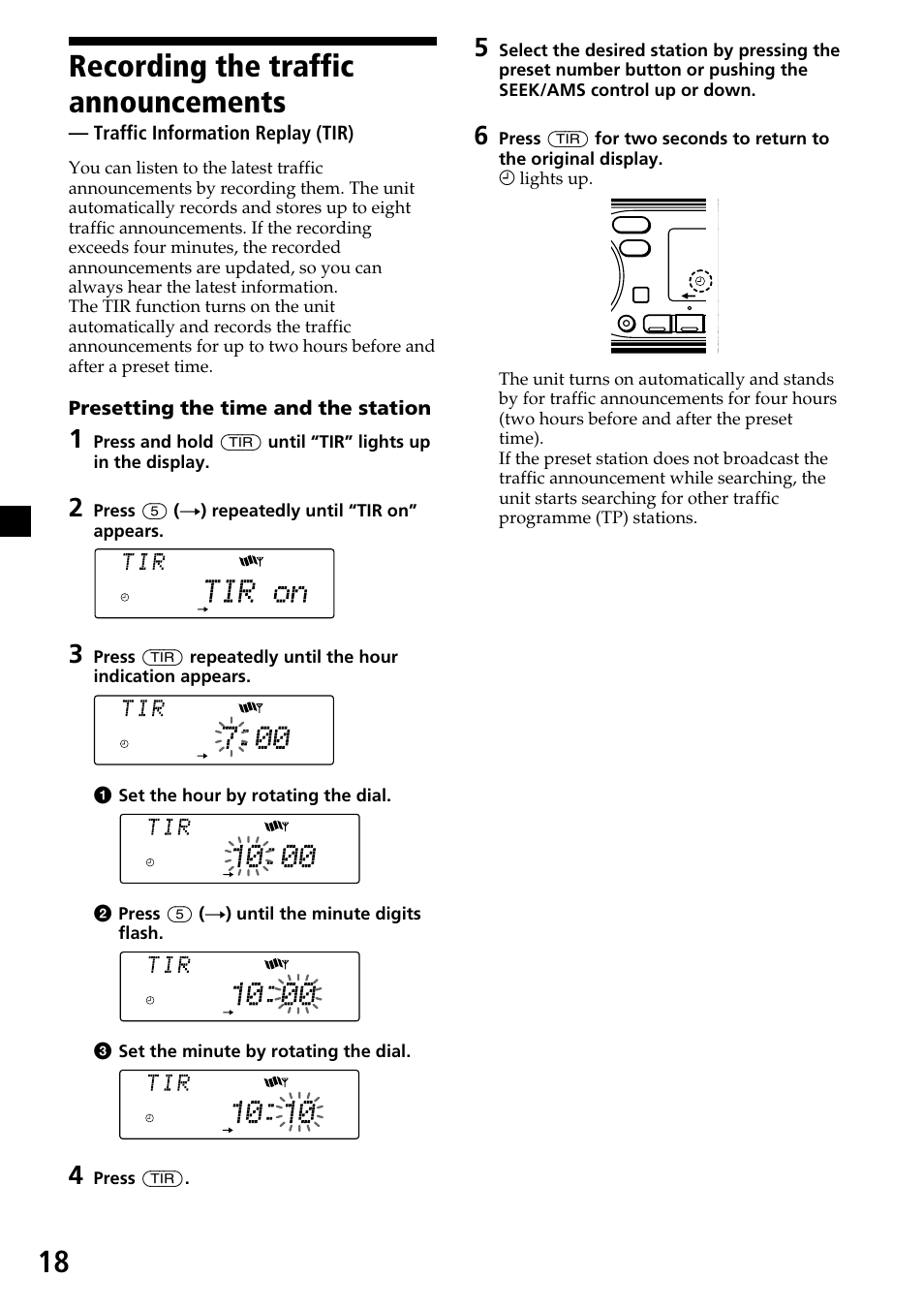 Recording the traffic announcements, Traffic information replay (tir), 18 recording the traffic announcements | Sony CDX-C7850R User Manual | Page 18 / 144