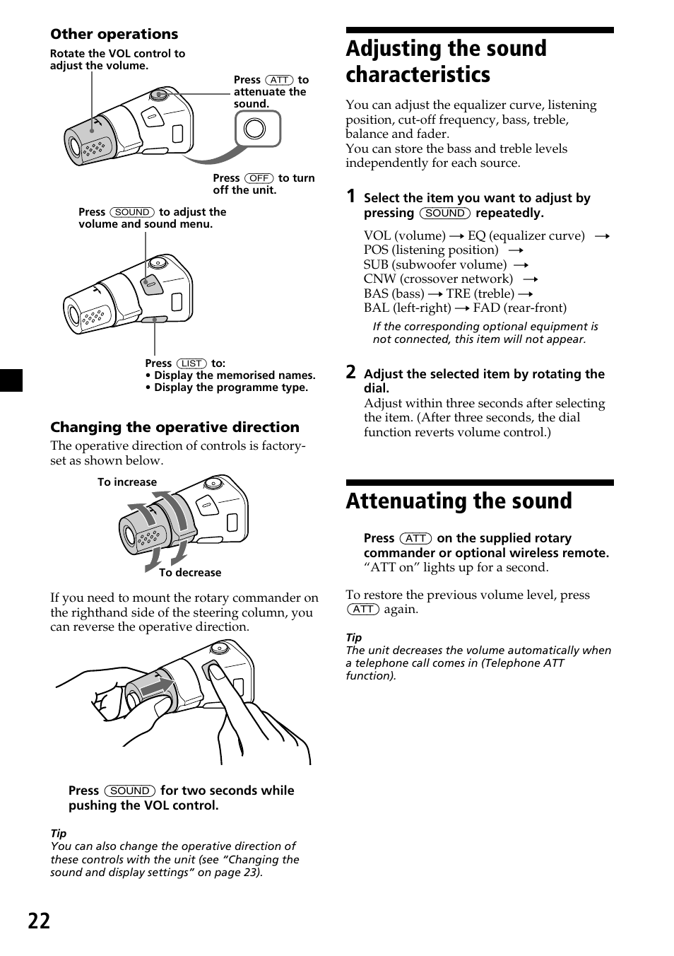 Adjusting the sound characteristics, Attenuating the sound | Sony CDX-C7850R User Manual | Page 22 / 144