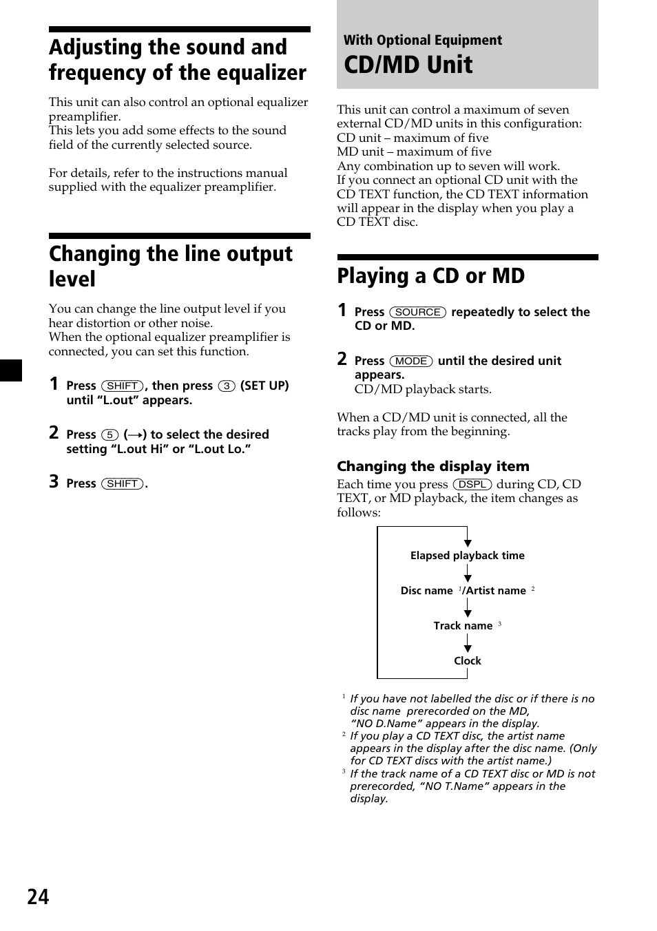 Adjusting the sound and frequency of the equalizer, Changing the line output level, Cd/md unit | Playing a cd or md, Adjusting the sound and frequency of the, Equalizer | Sony CDX-C7850R User Manual | Page 24 / 144