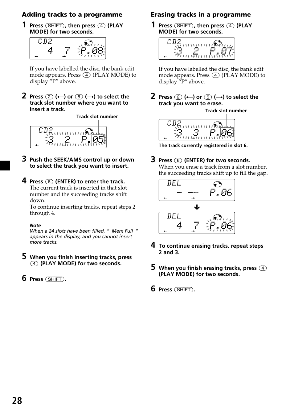 Adding tracks to a programme, Erasing tracks in a programme | Sony CDX-C7850R User Manual | Page 28 / 144