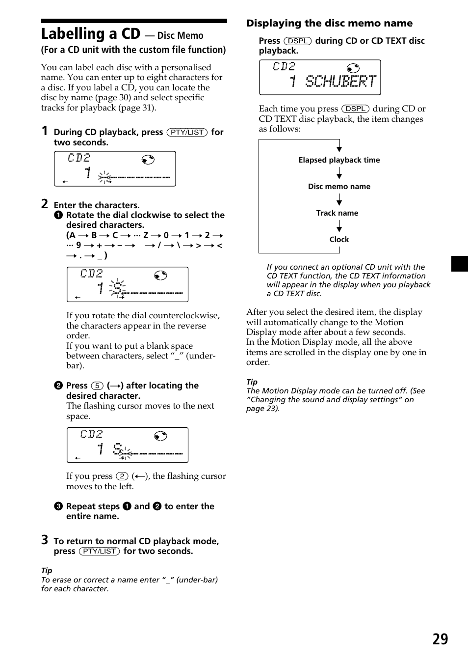 Labelling a cd — disc memo, Labelling a cd, Disc memo | Sony CDX-C7850R User Manual | Page 29 / 144