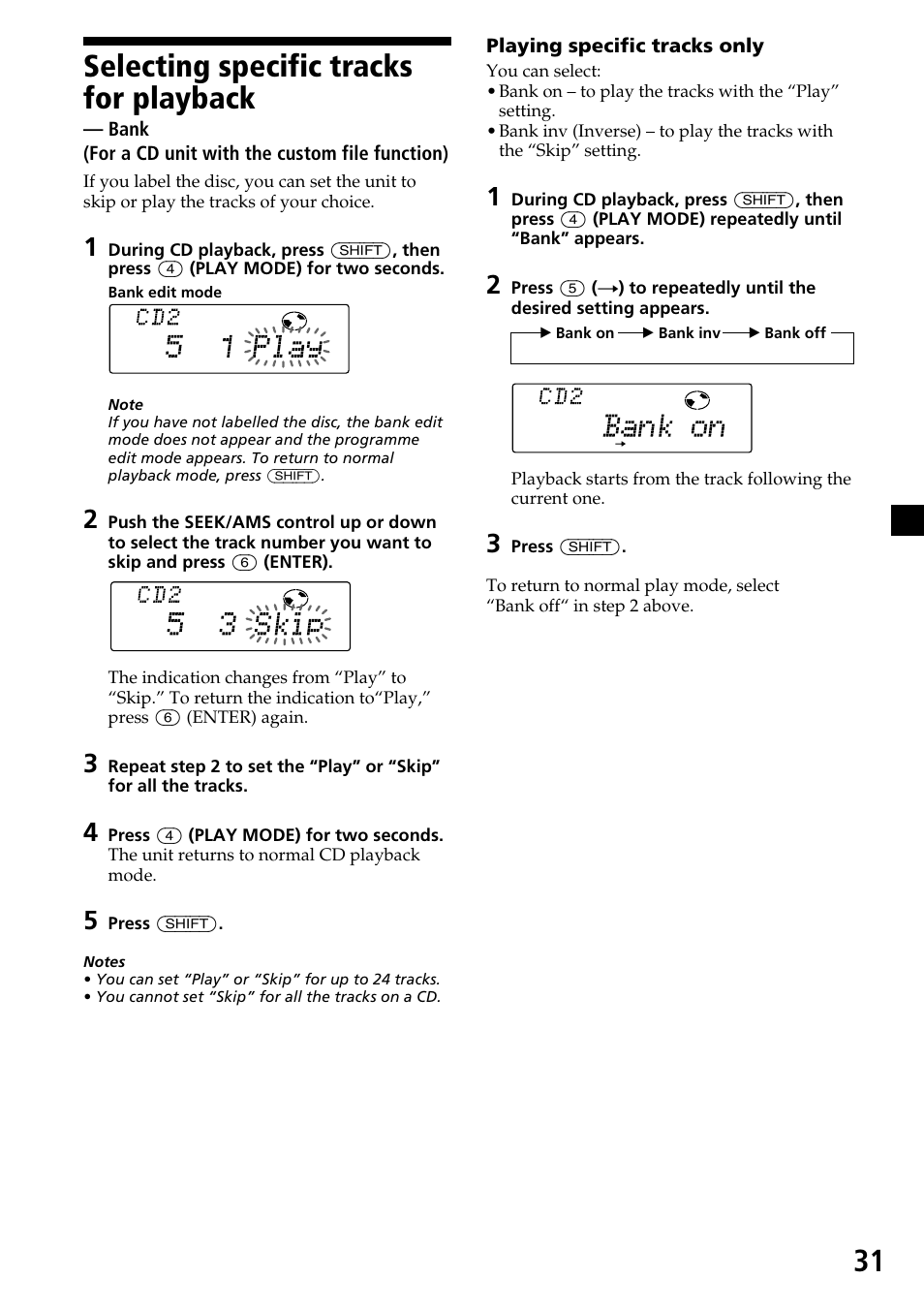 Selecting specific tracks for playback — bank, Selecting specific tracks for playback, Bank | Sony CDX-C7850R User Manual | Page 31 / 144