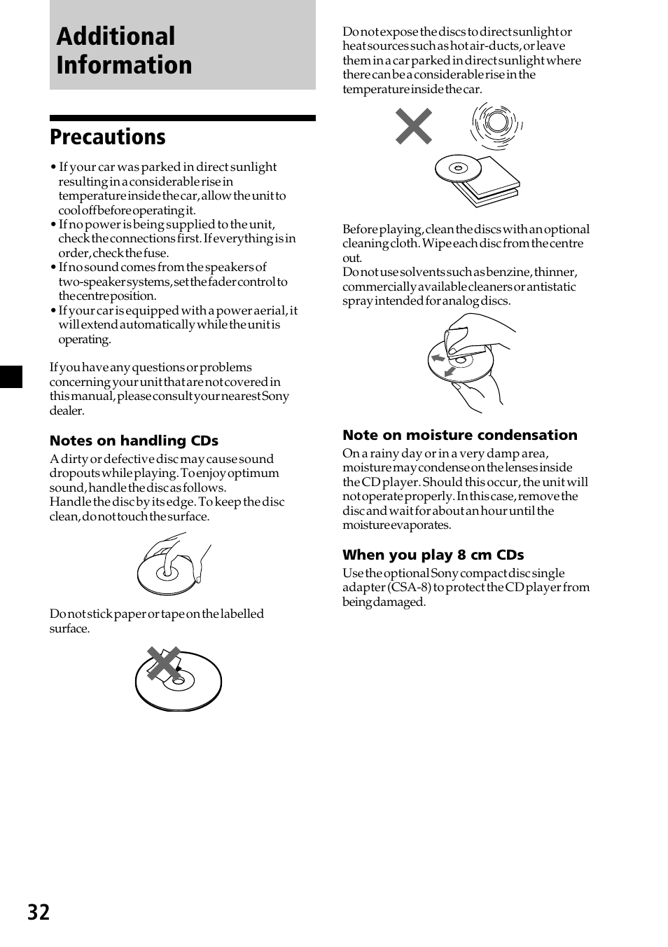 Additional information, Precautions | Sony CDX-C7850R User Manual | Page 32 / 144