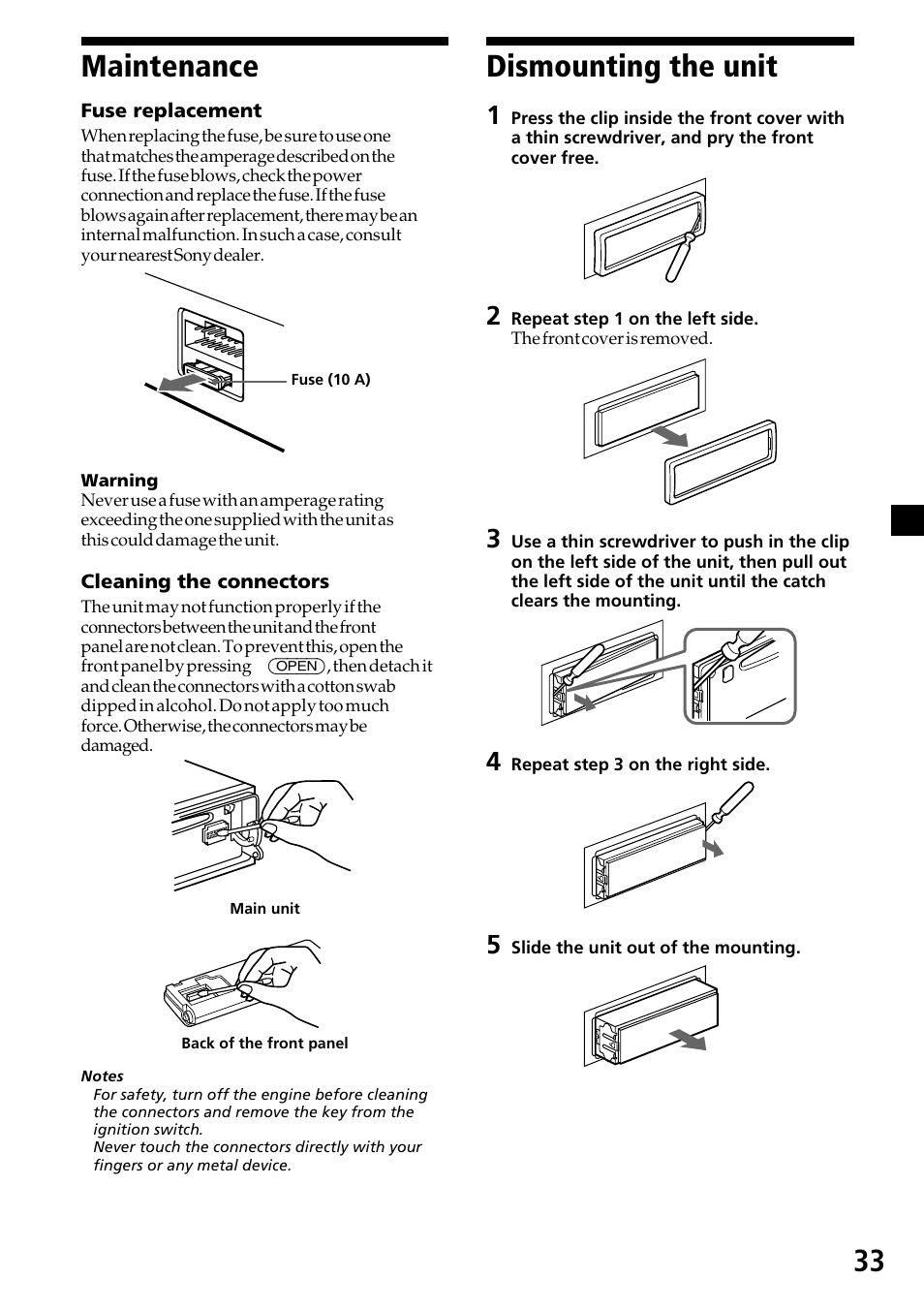 Maintenance, Dismounting the unit, Maintenance dismounting the unit | 33 maintenance | Sony CDX-C7850R User Manual | Page 33 / 144