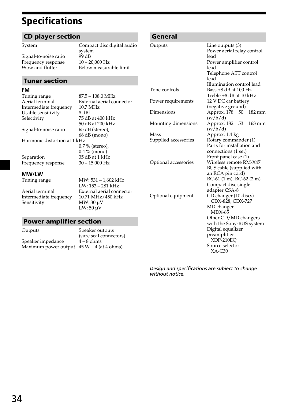 Specifications, 34 specifications, General | Sony CDX-C7850R User Manual | Page 34 / 144