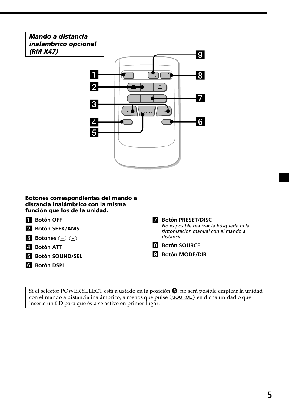 Mando a distancia inalámbrico opcional (rm-x47), 8 botón source 9 botón mode/dir | Sony CDX-C7850R User Manual | Page 41 / 144