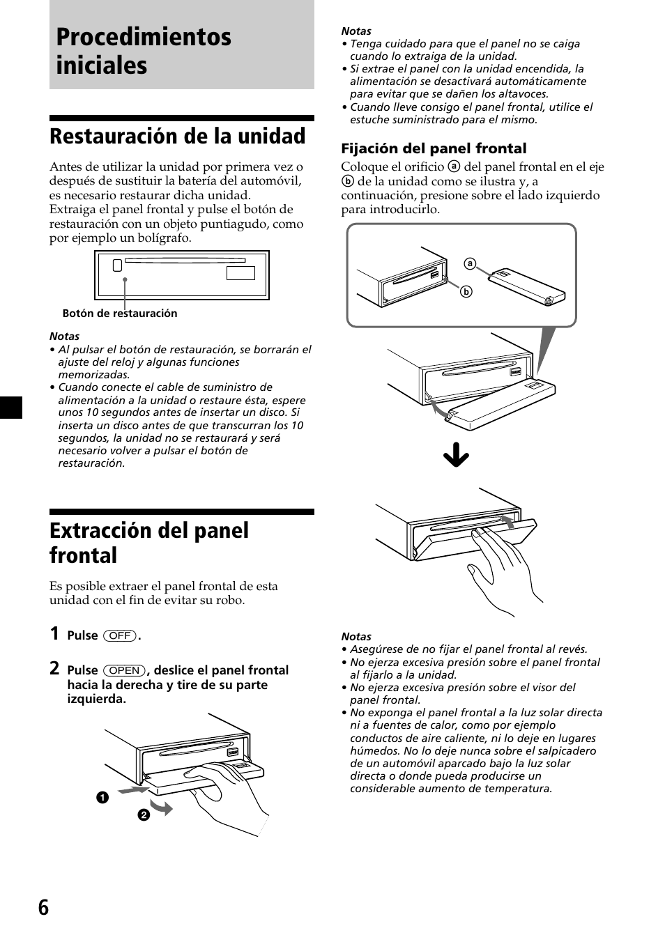 Procedimientos iniciales, Restauración de la unidad, Extracción del panel frontal | Sony CDX-C7850R User Manual | Page 42 / 144