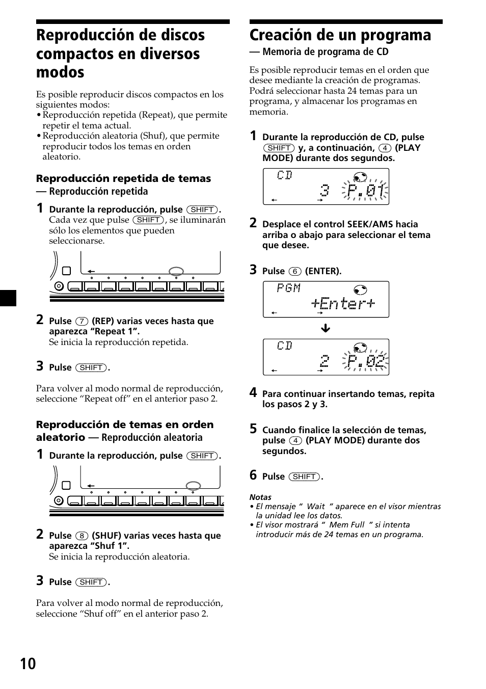 Reproducción de discos compactos en diversos modos, Reproducción de discos compactos en, Diversos modos | Creación de un programa, Memoria de programa de cd, 10 creación de un programa | Sony CDX-C7850R User Manual | Page 46 / 144