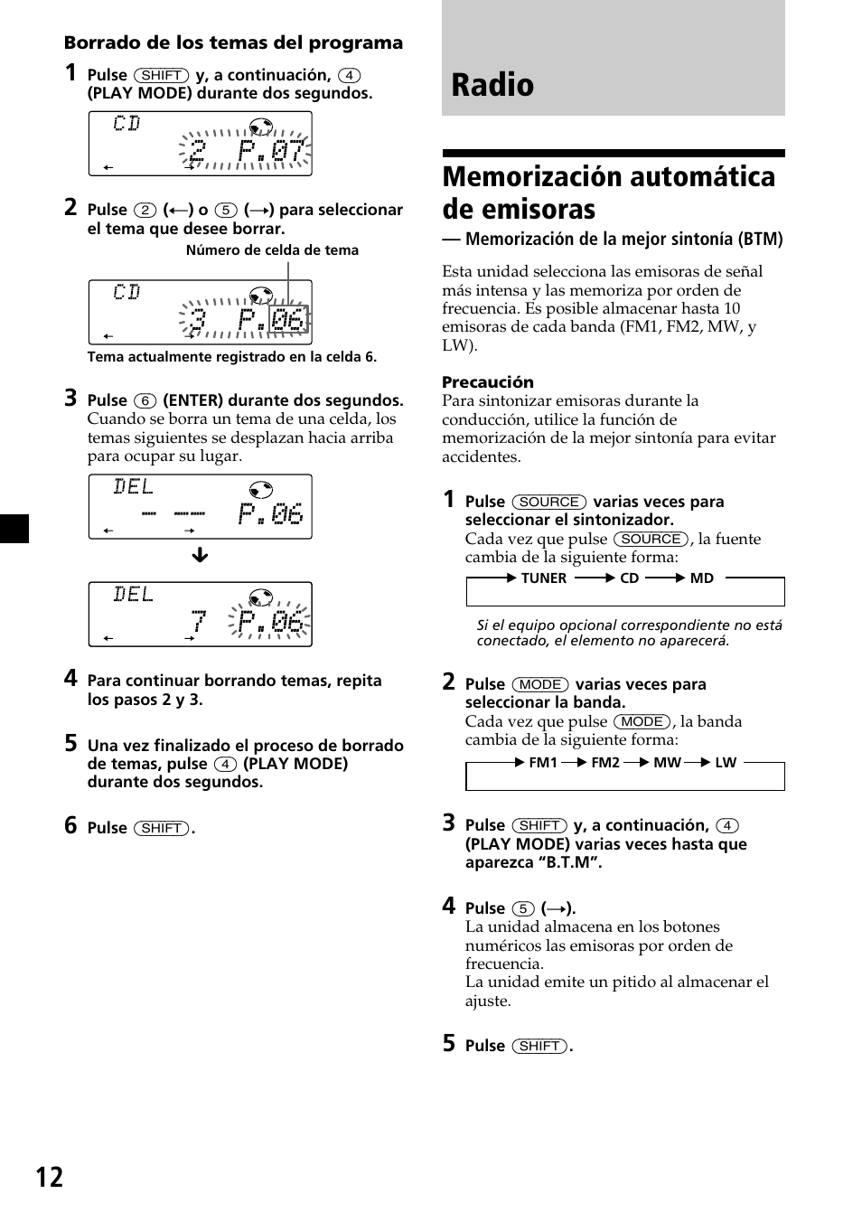 Radio, Memorización automática de emisoras, Memorización de la mejor sintonía (btm) | Sony CDX-C7850R User Manual | Page 48 / 144