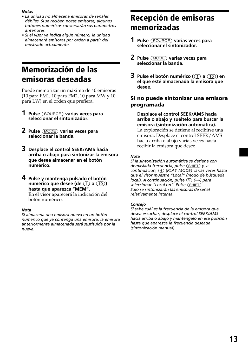 Memorización de las emisoras deseadas, Recepción de emisoras memorizadas | Sony CDX-C7850R User Manual | Page 49 / 144