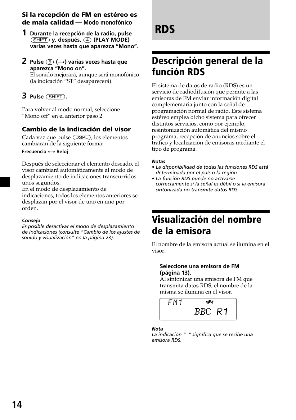 Descripción general de la función rds, Visualización del nombre de la emisora | Sony CDX-C7850R User Manual | Page 50 / 144