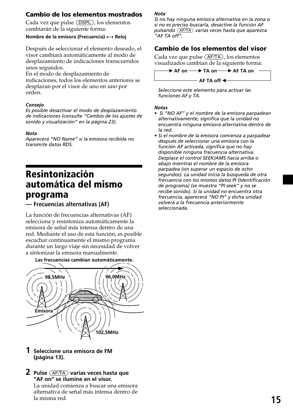 Resintonización automática del mismo, Programa — frecuencias alternativas (af), Resintonización automática del mismo programa | Sony CDX-C7850R User Manual | Page 51 / 144