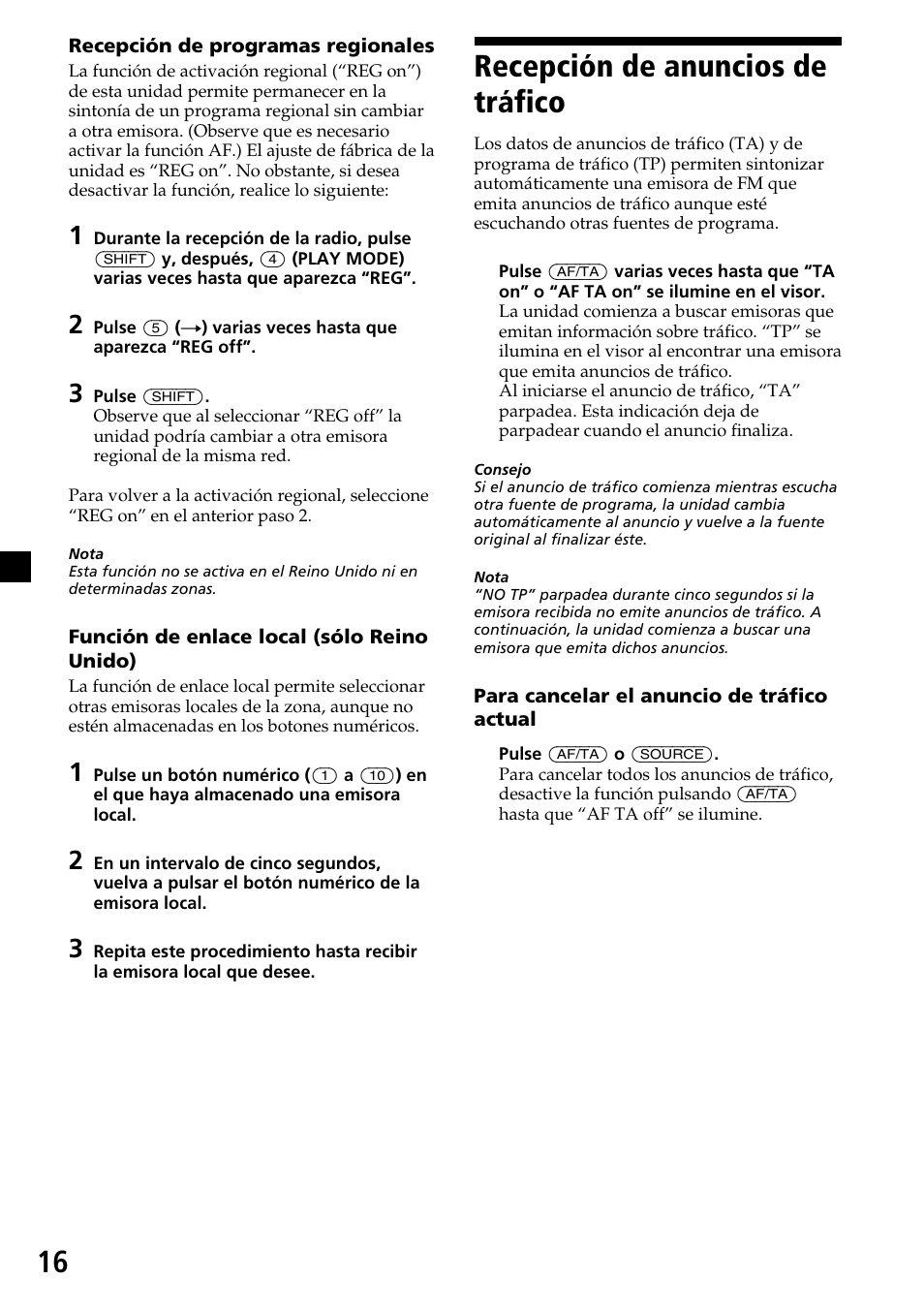 Recepción de anuncios de tráfico, 16 recepción de anuncios de tráfico | Sony CDX-C7850R User Manual | Page 52 / 144