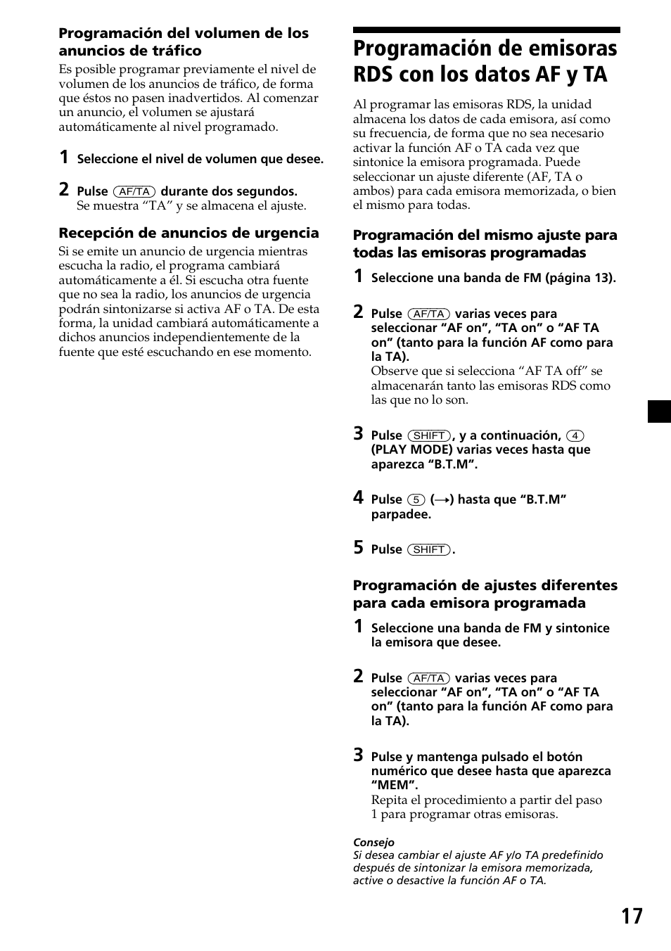 Programación de emisoras rds con los datos af y ta, Programación de emisoras rds con los datos, Af y ta | Sony CDX-C7850R User Manual | Page 53 / 144