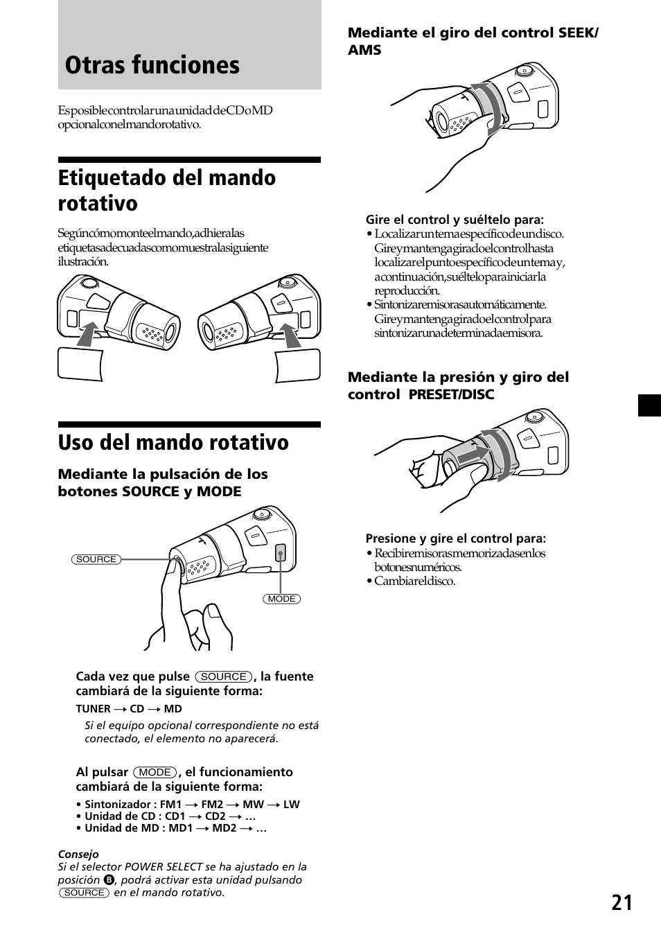 Otras funciones, Etiquetado del mando rotativo, Uso del mando rotativo | Sony CDX-C7850R User Manual | Page 57 / 144