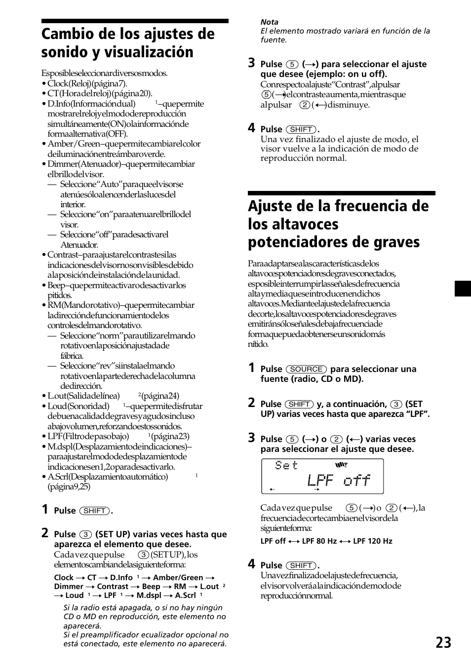 Cambio de los ajustes de sonido y visualización, Cambio de los ajustes de sonido y, Visualización | Ajuste de la frecuencia de los altavoces, Potenciadores de graves, 23 cambio de los ajustes de sonido y visualización | Sony CDX-C7850R User Manual | Page 59 / 144