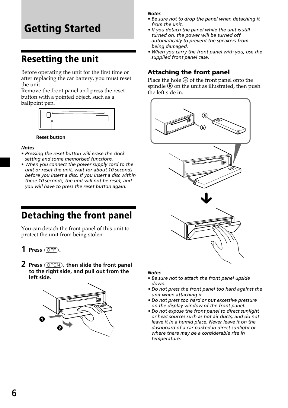 Getting started, Resetting the unit, Detaching the front panel | Resetting the unit detaching the front panel | Sony CDX-C7850R User Manual | Page 6 / 144