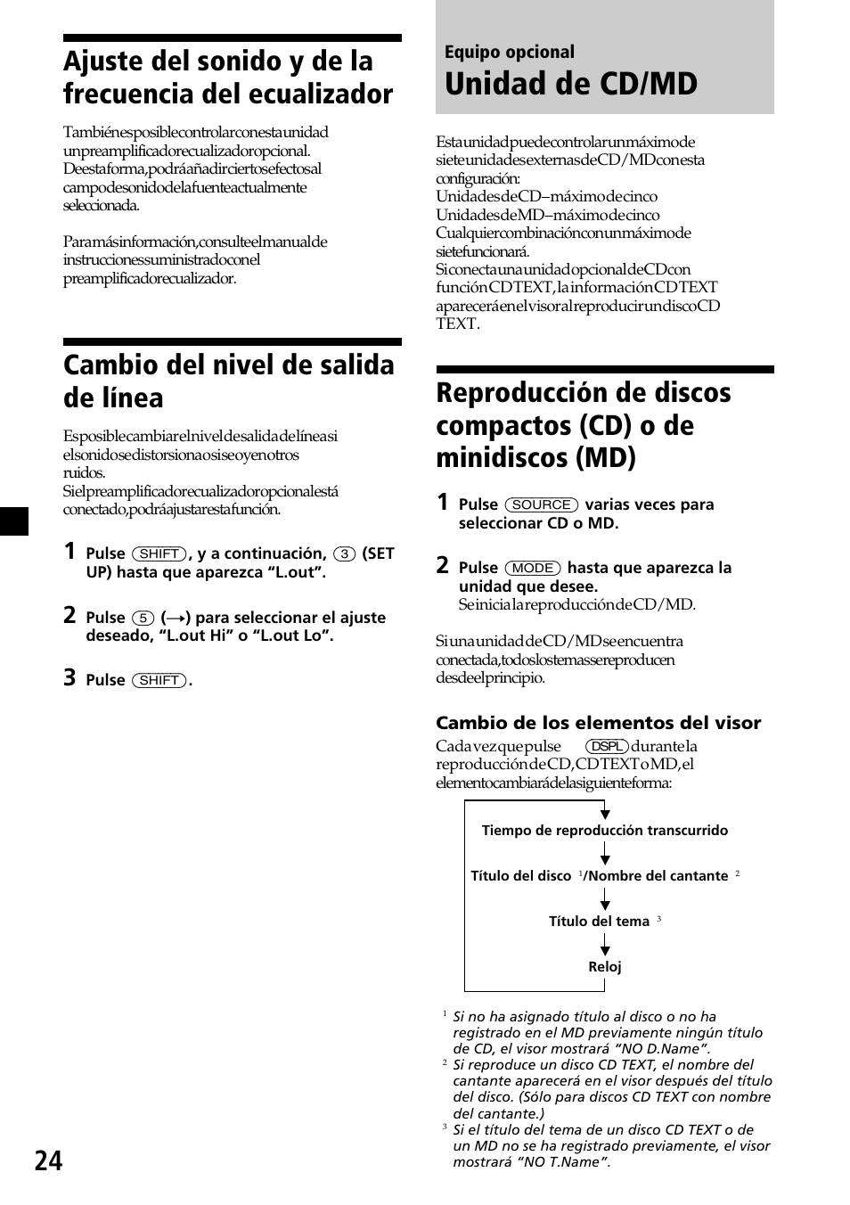 Cambio del nivel de salida de línea, Unidad de cd/md, Ajuste del sonido y de la frecuencia del | Ecualizador, Reproducción de discos compactos (cd) o de, Minidiscos (md) | Sony CDX-C7850R User Manual | Page 60 / 144