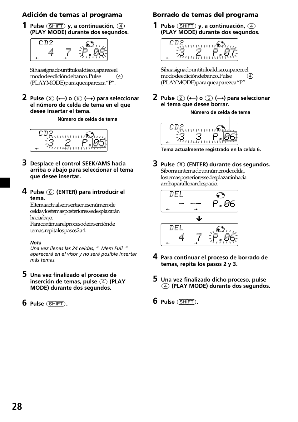 Borrado de temas del programa, Adición de temas al programa | Sony CDX-C7850R User Manual | Page 64 / 144