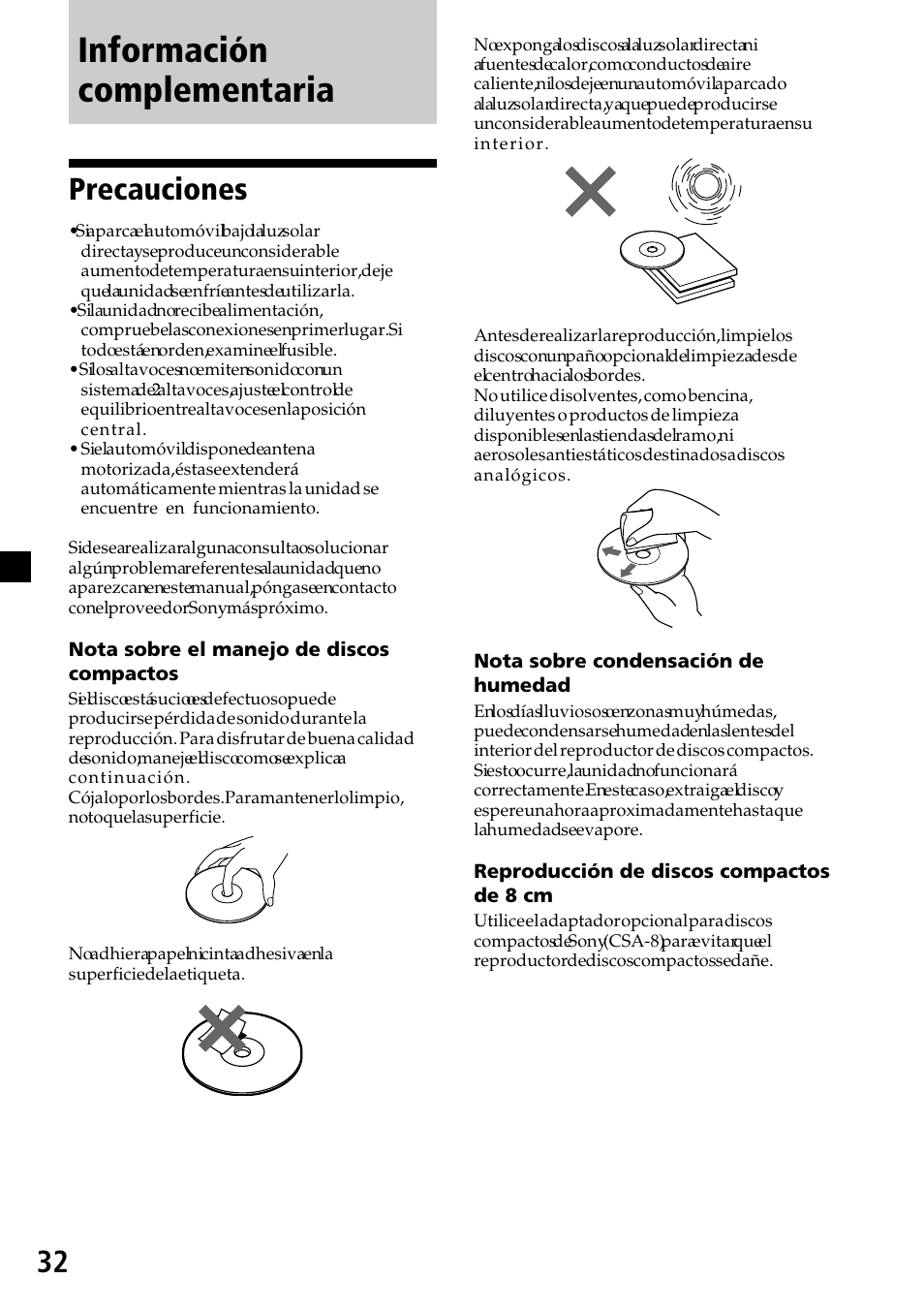 Información complementaria, Precauciones | Sony CDX-C7850R User Manual | Page 68 / 144