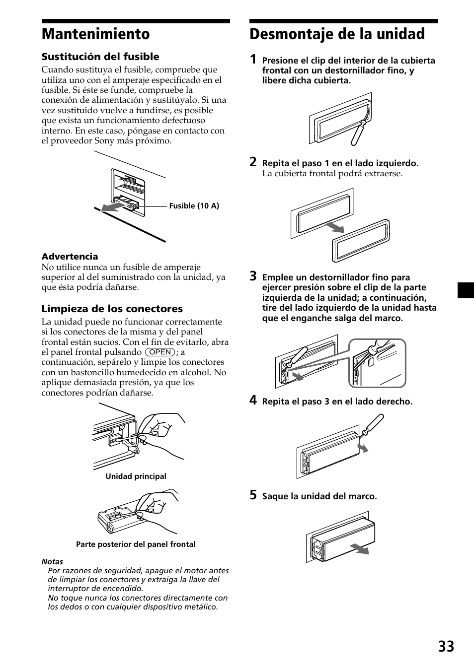 Mantenimiento, Desmontaje de la unidad, Mantenimiento desmontaje de la unidad | 33 mantenimiento | Sony CDX-C7850R User Manual | Page 69 / 144