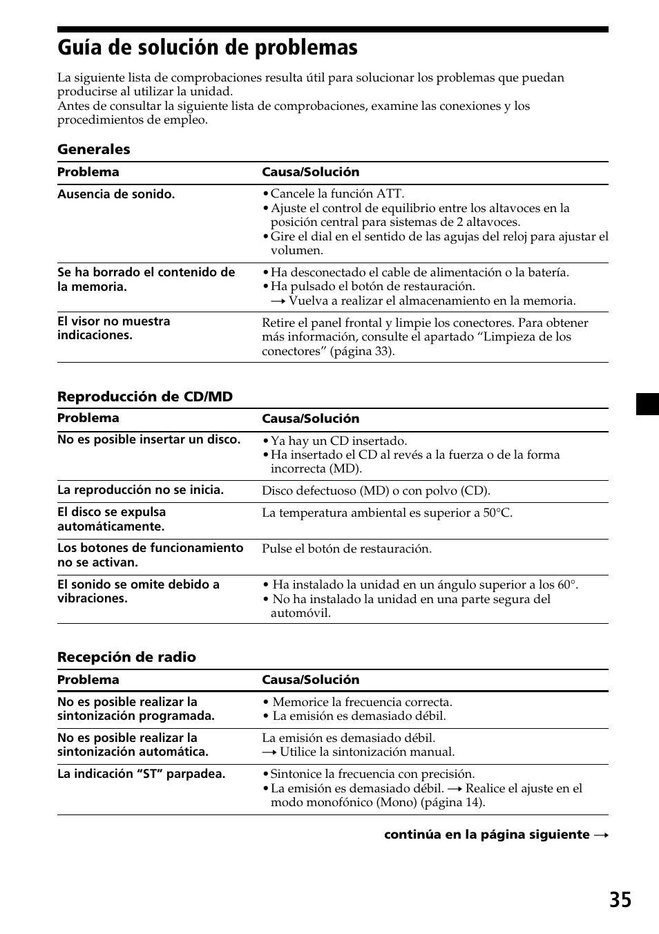 Guía de solución de problemas, 35 guía de solución de problemas | Sony CDX-C7850R User Manual | Page 71 / 144