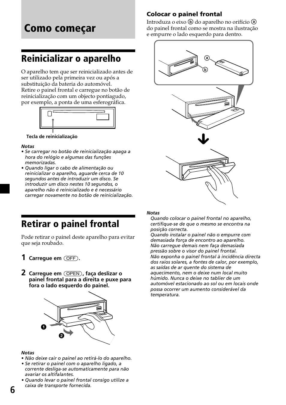 Como começar, Reinicializar o aparelho, Retirar o painel frontal | Reinicializar o aparelho retirar o painel frontal | Sony CDX-C7850R User Manual | Page 78 / 144