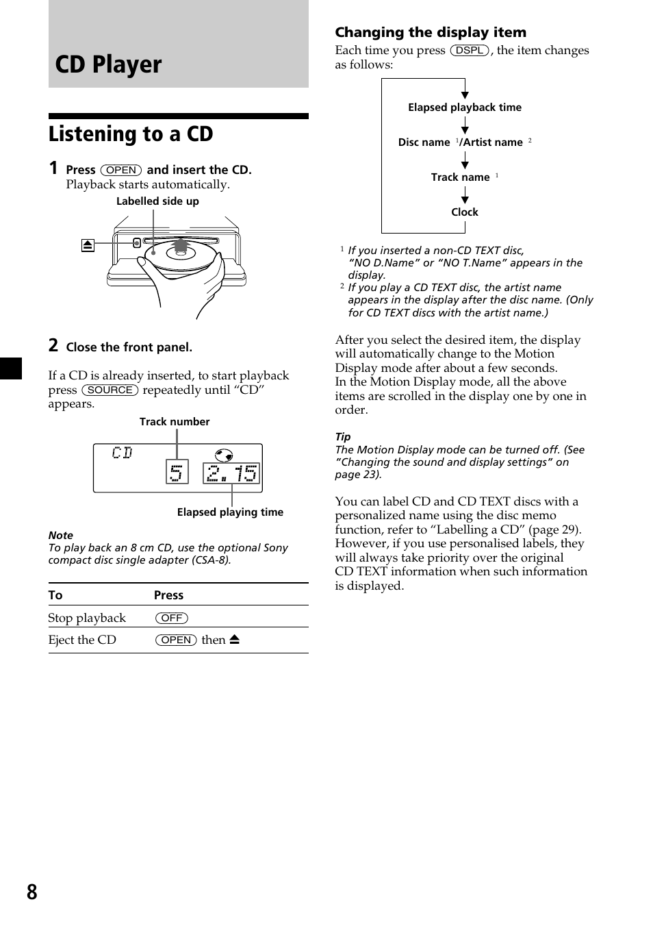 Cd player, Listening to a cd | Sony CDX-C7850R User Manual | Page 8 / 144