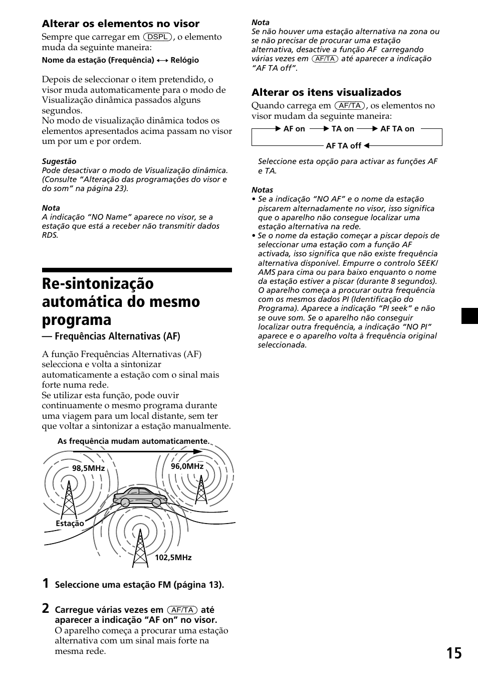 Re-sintonização automática do mesmo, Programa — frequências alternativas (af), Re-sintonização automática do mesmo programa | Sony CDX-C7850R User Manual | Page 87 / 144