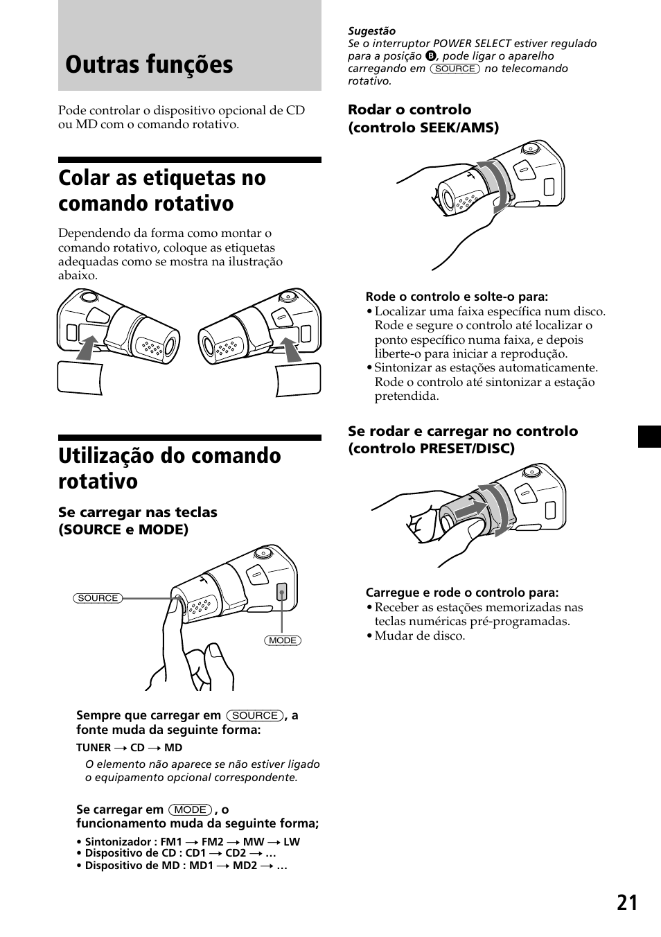 Outras funções, Colar as etiquetas no comando rotativo, Utilização do comando rotativo | Sony CDX-C7850R User Manual | Page 93 / 144